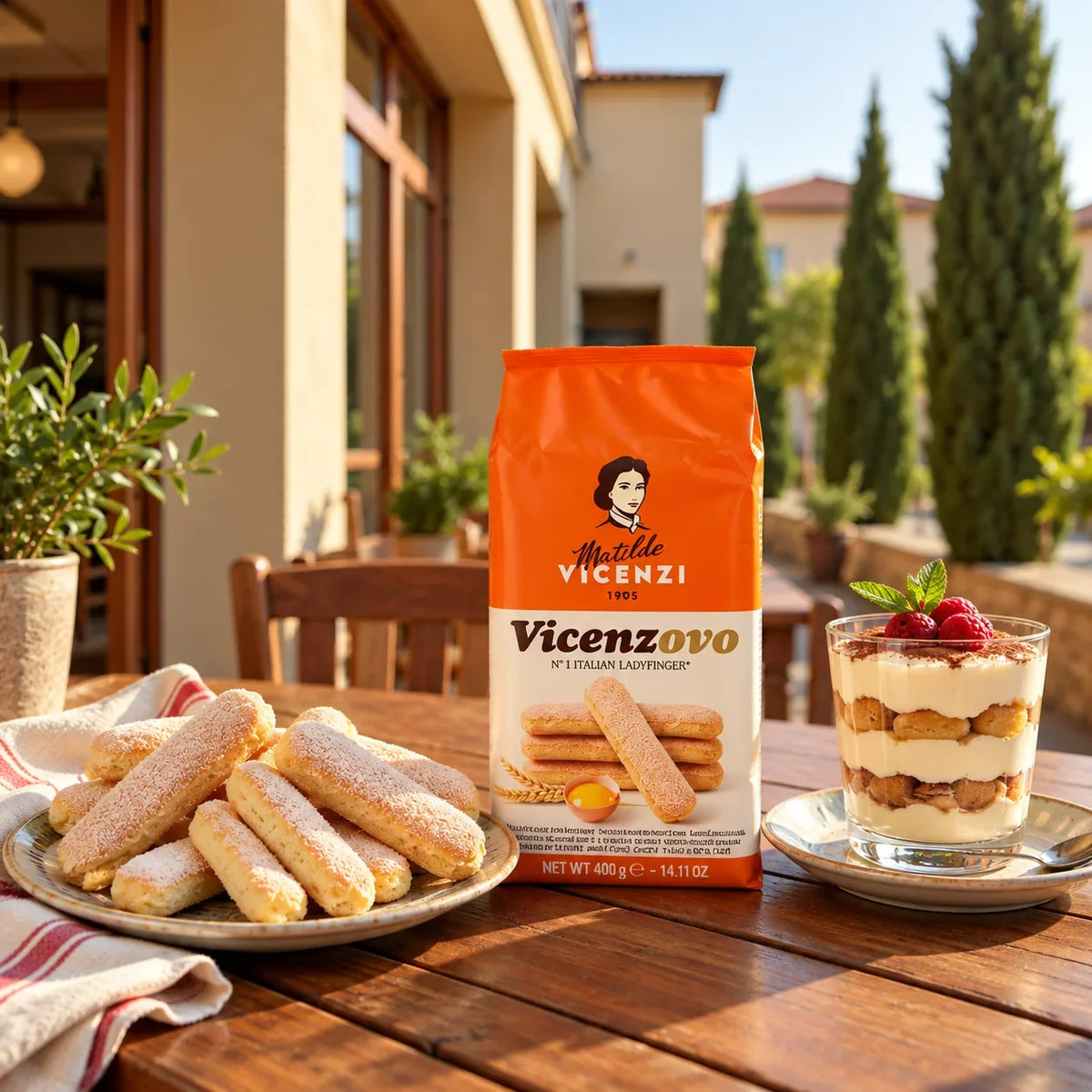 Matilde Vicenzi Vicenzovo Italian ladyfingers with a tiramisu dessert on a wooden table.