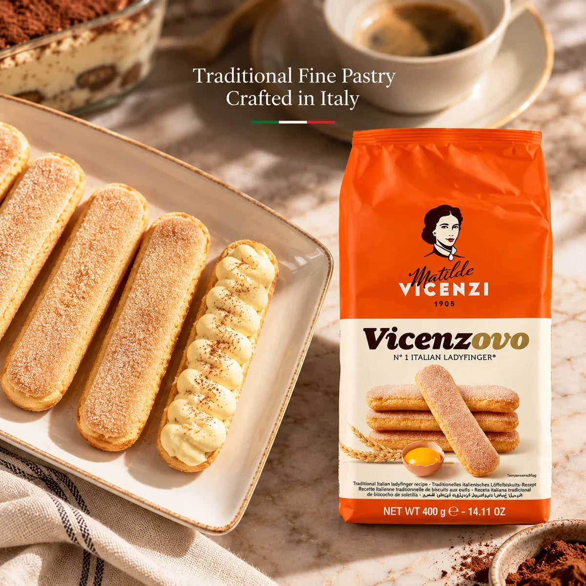 Matilde Vicenzi Vicenzovo Italian ladyfinger biscuits and tiramisu dessert.