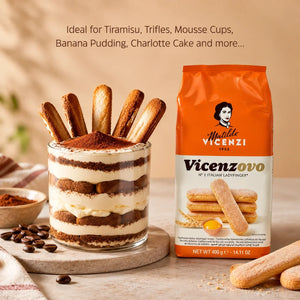 Matilde Vicenzi Vicenzovo Italian ladyfingers with a layered tiramisu dessert in a glass bowl