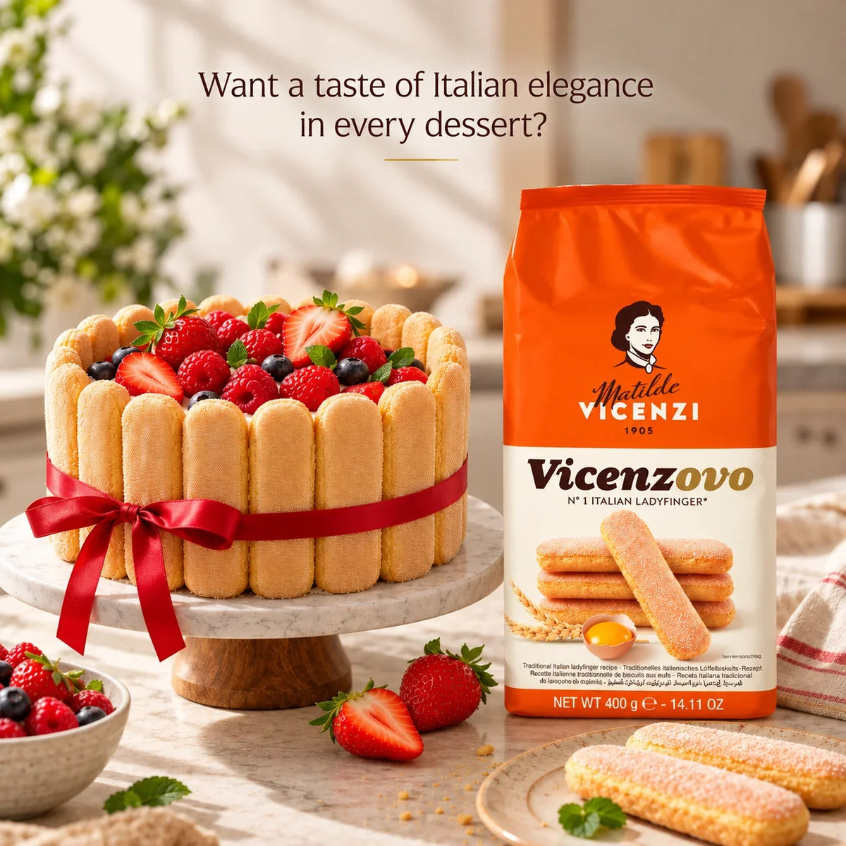 Matilde Vicenzi Vicenzovo Italian Ladyfingers with a berry-topped Charlotte cake.