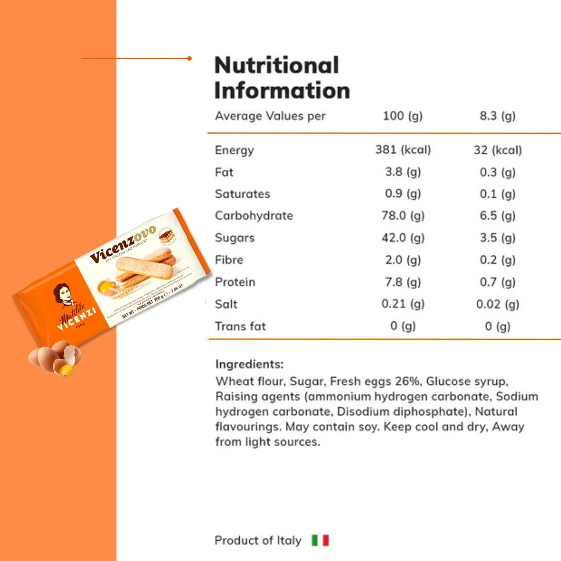 Nutritional information table for Vicenzovo biscuits showing calories and ingredients.