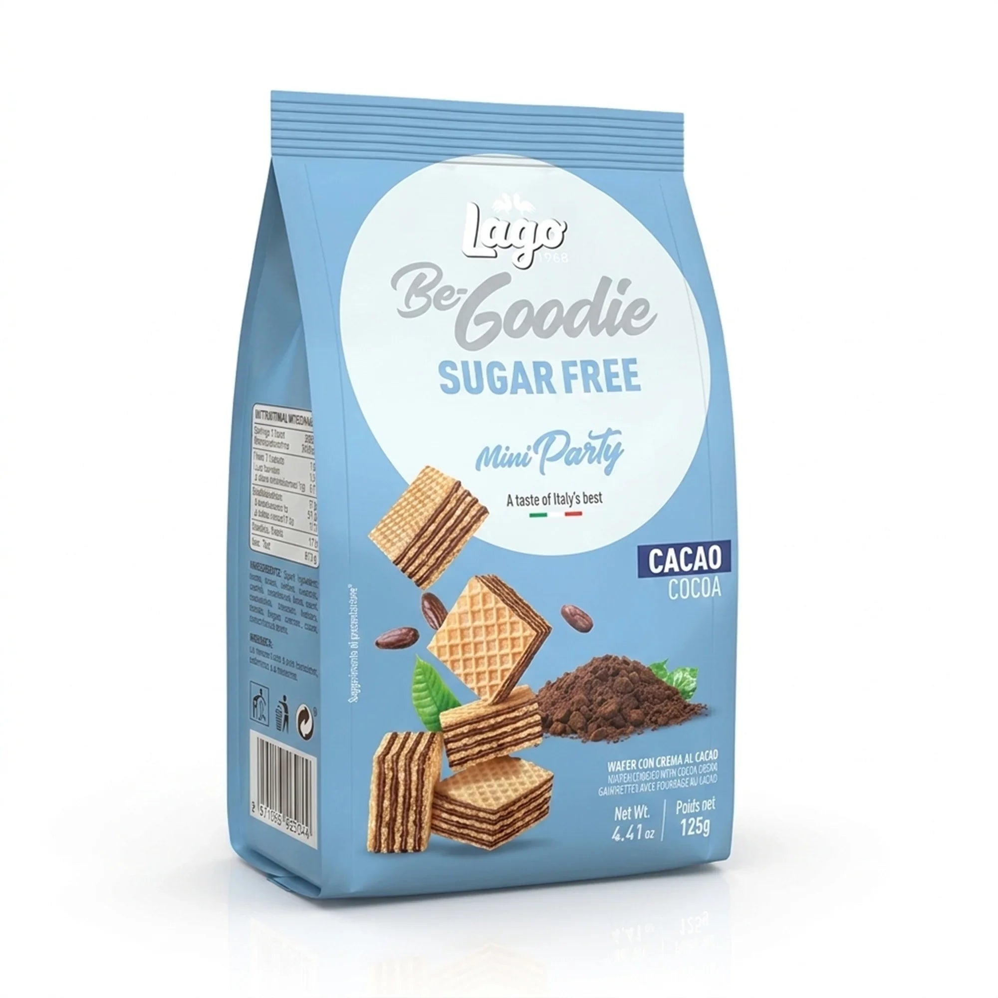 Sugar free cocoa cream mini wafer biscuits in blue packaging with wafer and cocoa images