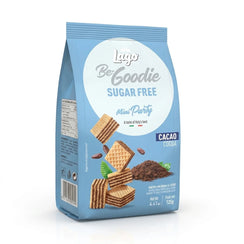Sugar free cocoa cream mini wafer biscuits in blue packaging with wafer and cocoa images
