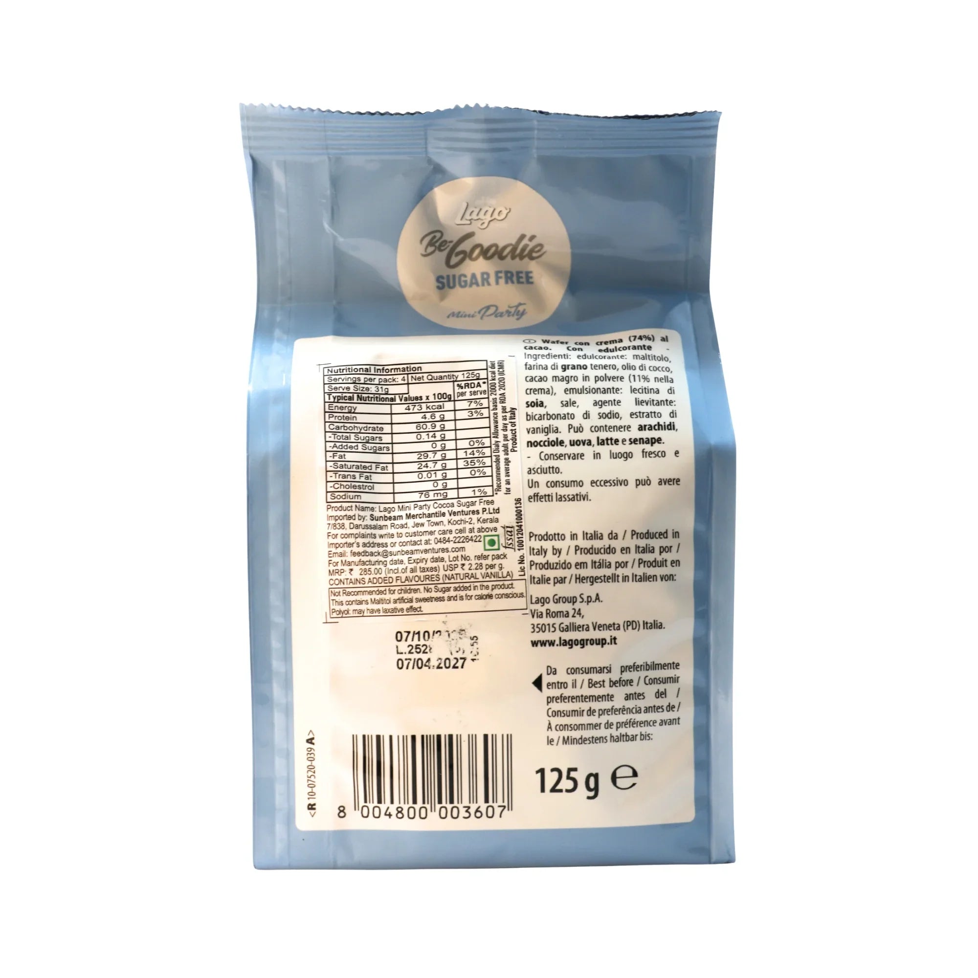 Back of Lago Mini Party Wafers Cocoa Cream Sugar Free 125g showing nutrition label and ingredients.
