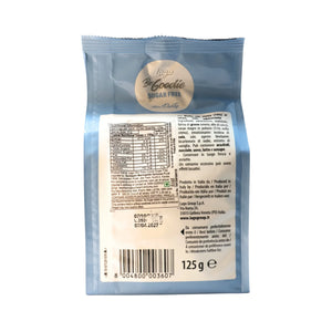 Back of Lago Mini Party Wafers Cocoa Cream Sugar Free 125g showing nutrition label and ingredients.