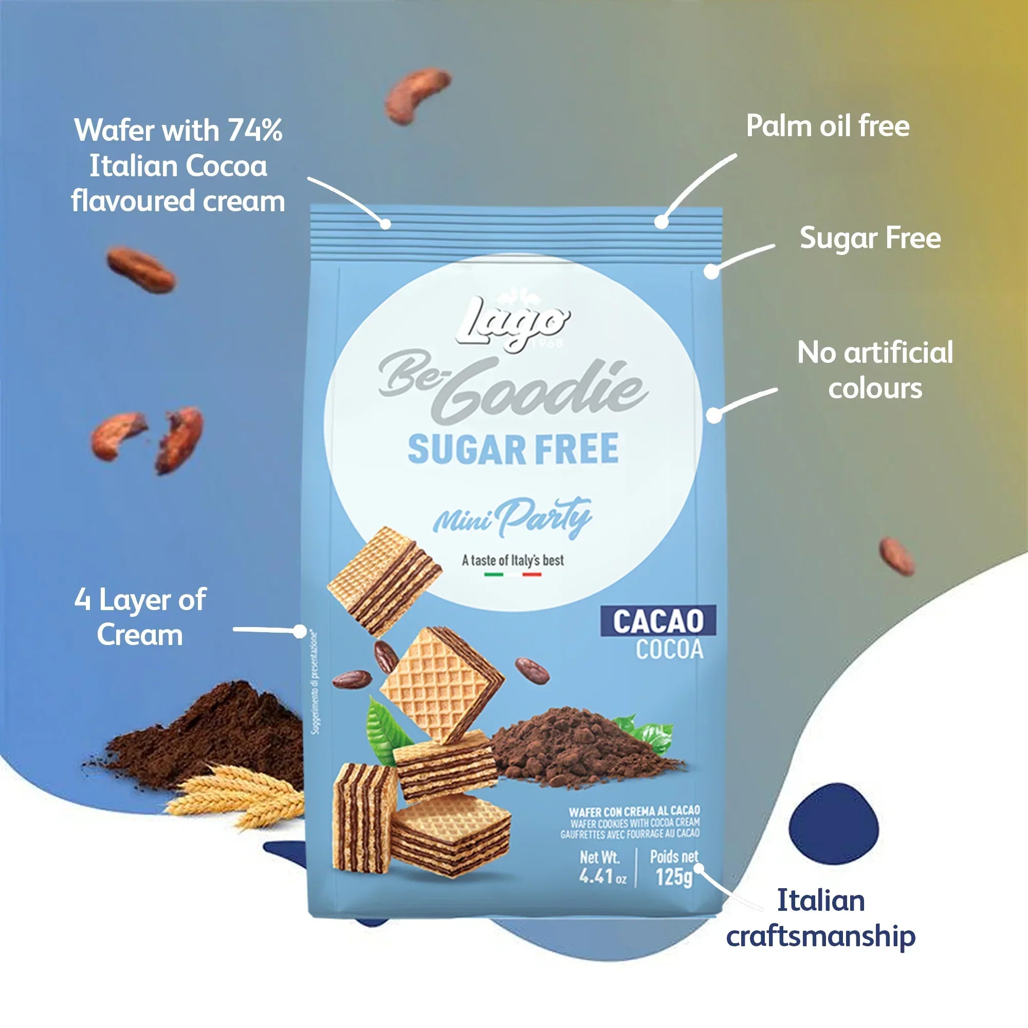 Sugar-free cocoa cream mini wafer biscuits with 4 layers of cream, palm oil free and no artificial colors.
