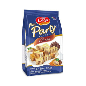 Mini cocoa cream wafer biscuits in blue packaging with product image and label