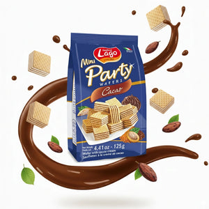 Mini cocoa cream wafer biscuits with swirling chocolate and cocoa beans on packaging