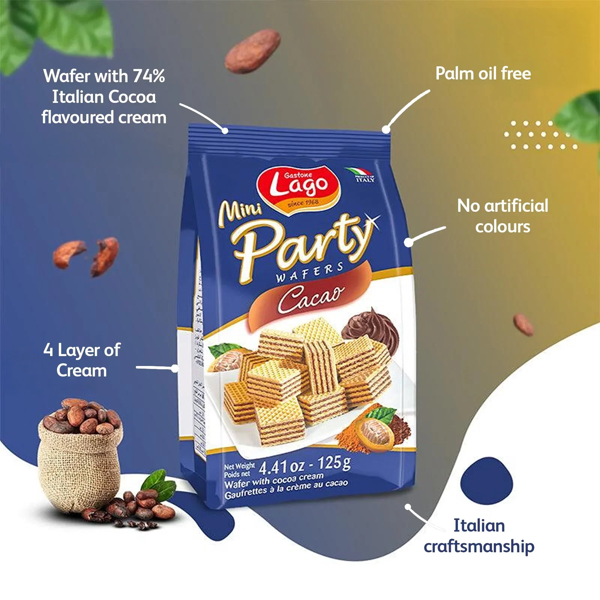 Mini Party Wafers Cacao pack with cocoa cream wafers, cocoa beans, and feature highlights