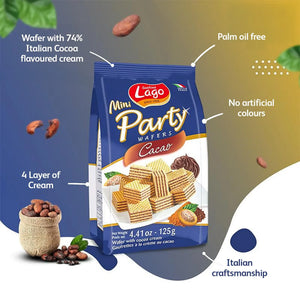 Mini Party Wafers Cacao pack with cocoa cream wafers, cocoa beans, and feature highlights