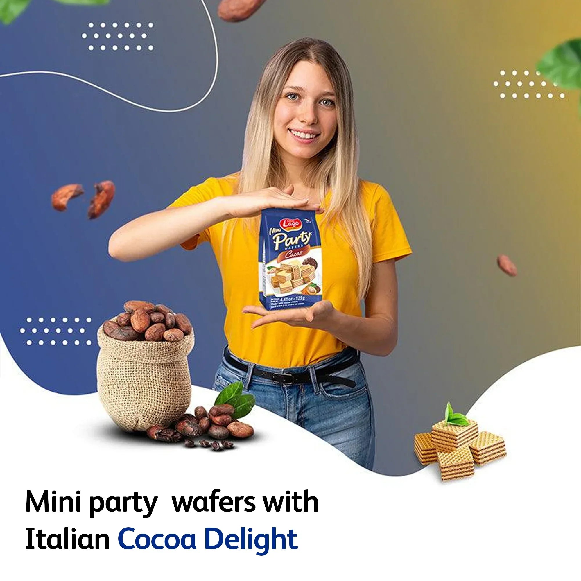 Woman holding package of mini party cocoa cream wafers with cocoa beans and wafers displayed