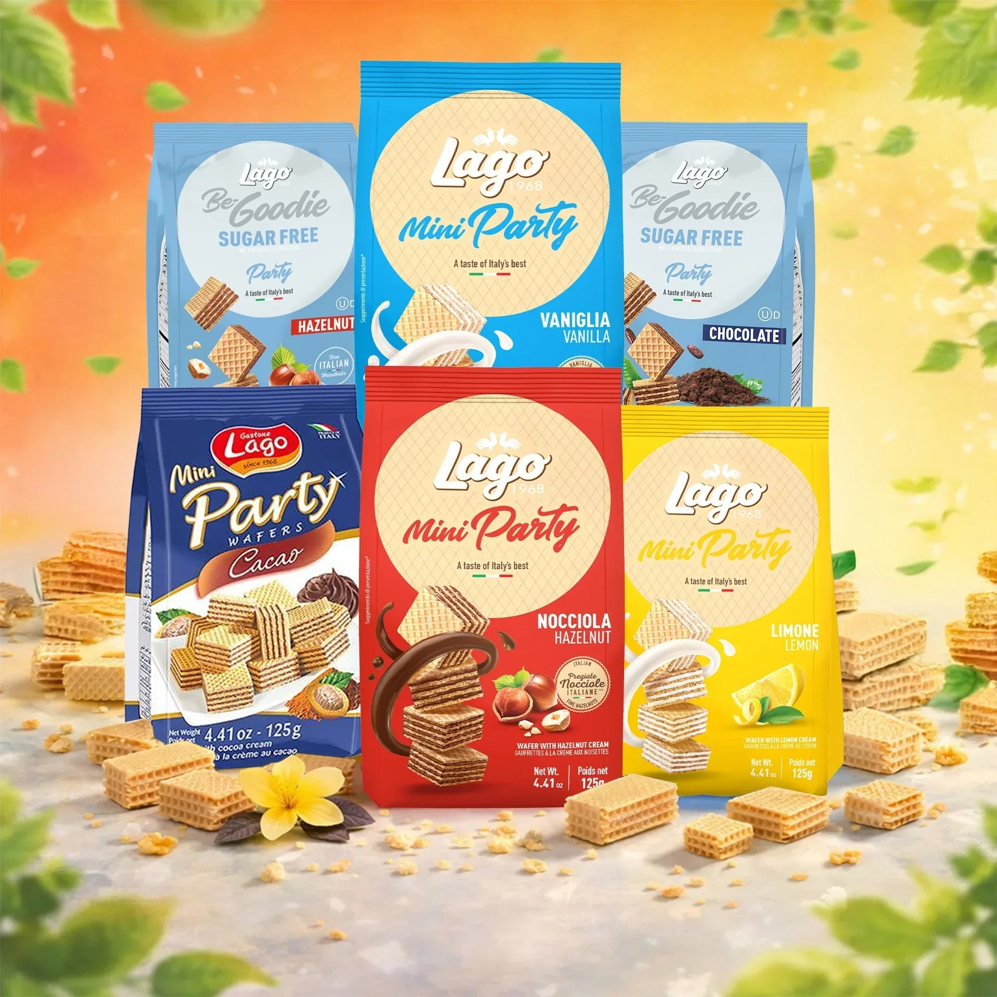 Assorted Lago Mini Party wafer packs in hazelnut, vanilla, cacao, lemon, and chocolate flavors