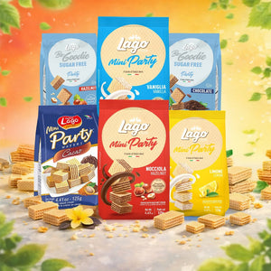 Assorted Lago Mini Party wafer packs in hazelnut, vanilla, cacao, lemon, and chocolate flavors