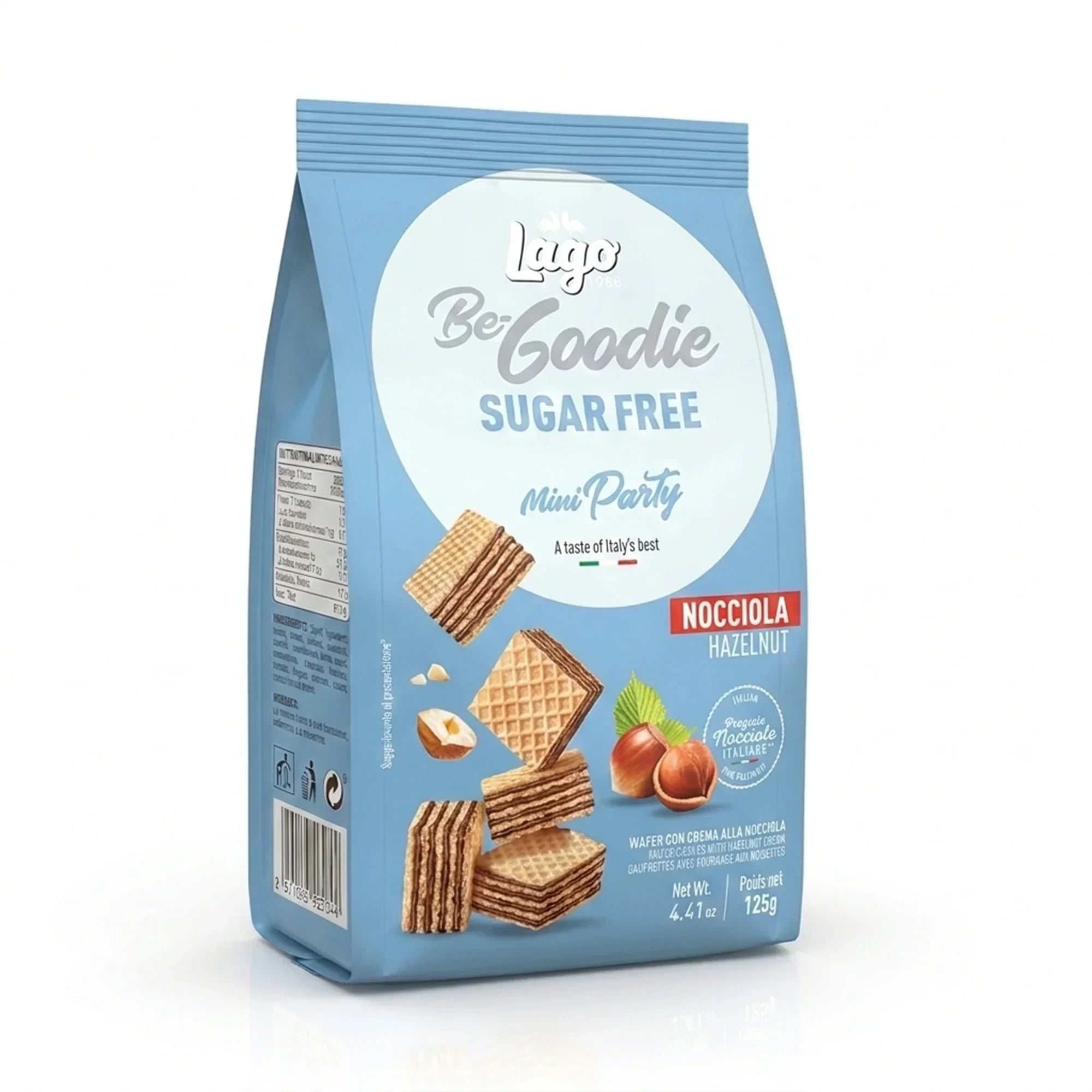 Bag of sugar-free hazelnut cream mini wafer biscuits with hazelnuts and wafers pictured