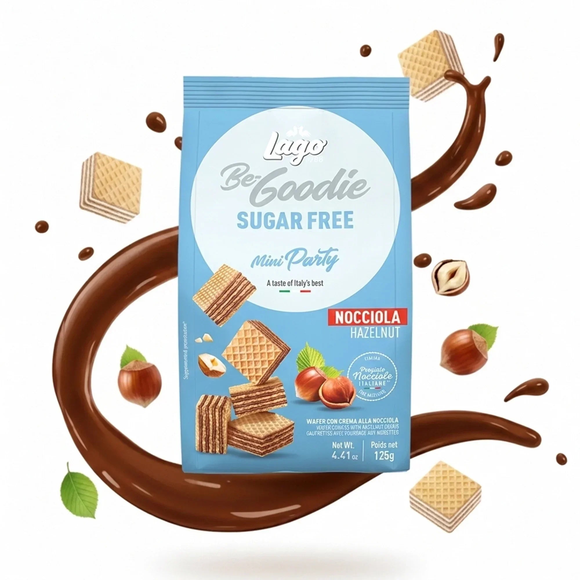 Sugar free hazelnut cream wafer biscuits with whole hazelnuts and chocolate swirl.