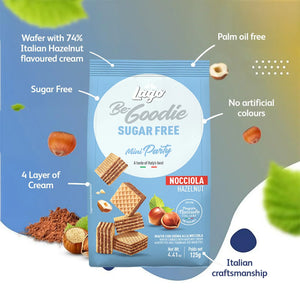 Sugar free hazelnut cream wafer biscuits with no palm oil or artificial colors, Italian made.