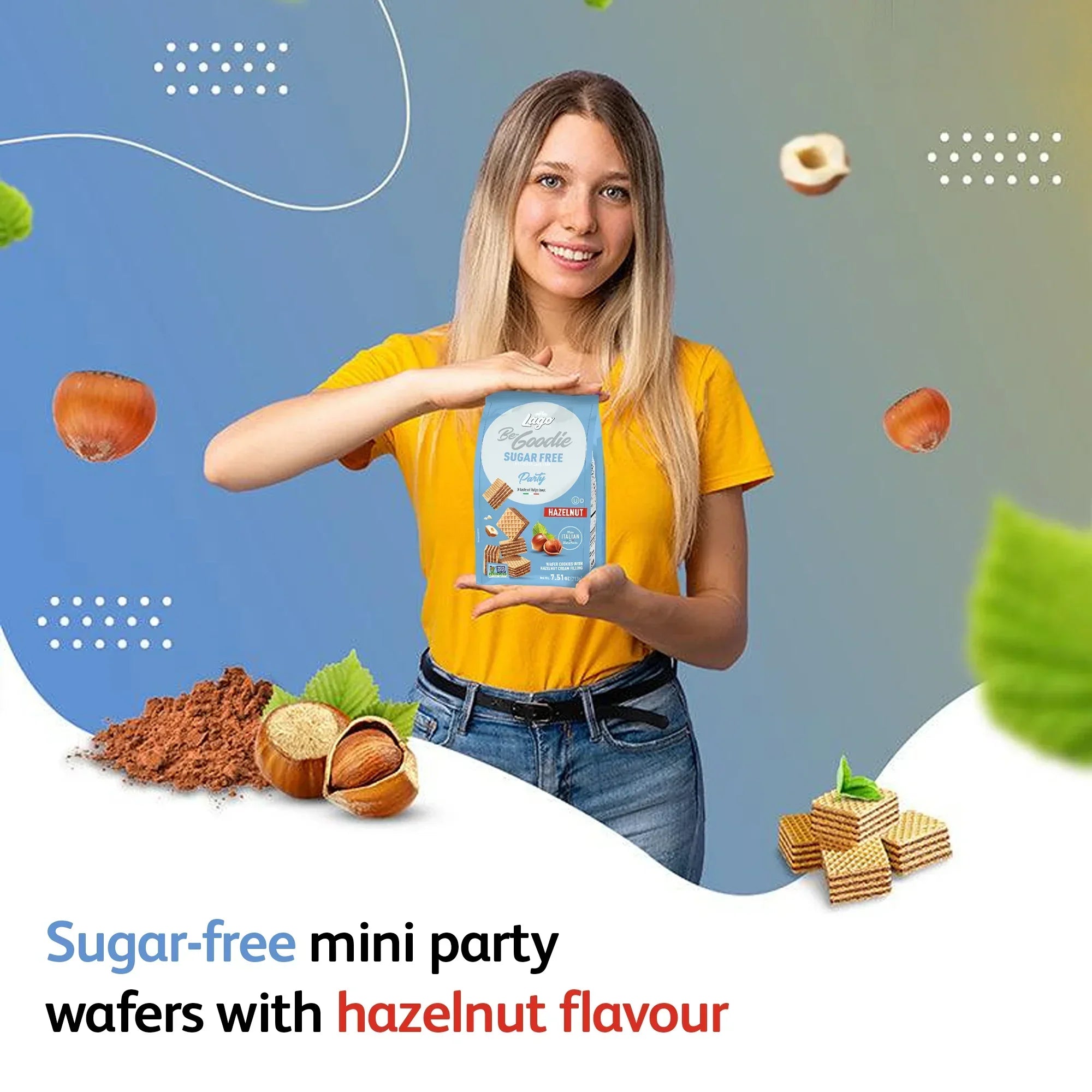 Woman holding sugar-free mini party wafers hazelnut cream package with hazelnuts and wafers