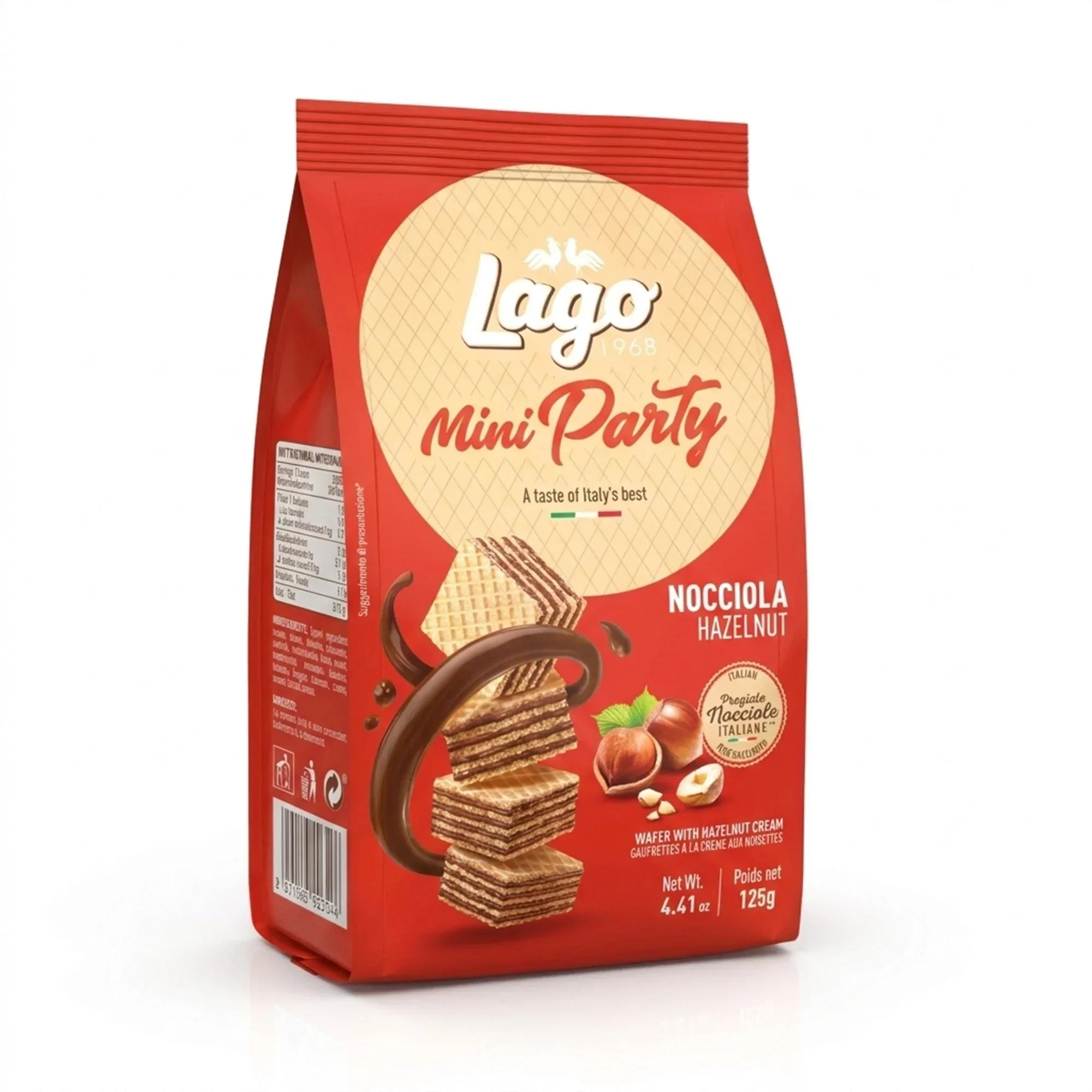 Red packaging of Lago Mini Party wafers with hazelnut cream filling and hazelnuts shown.