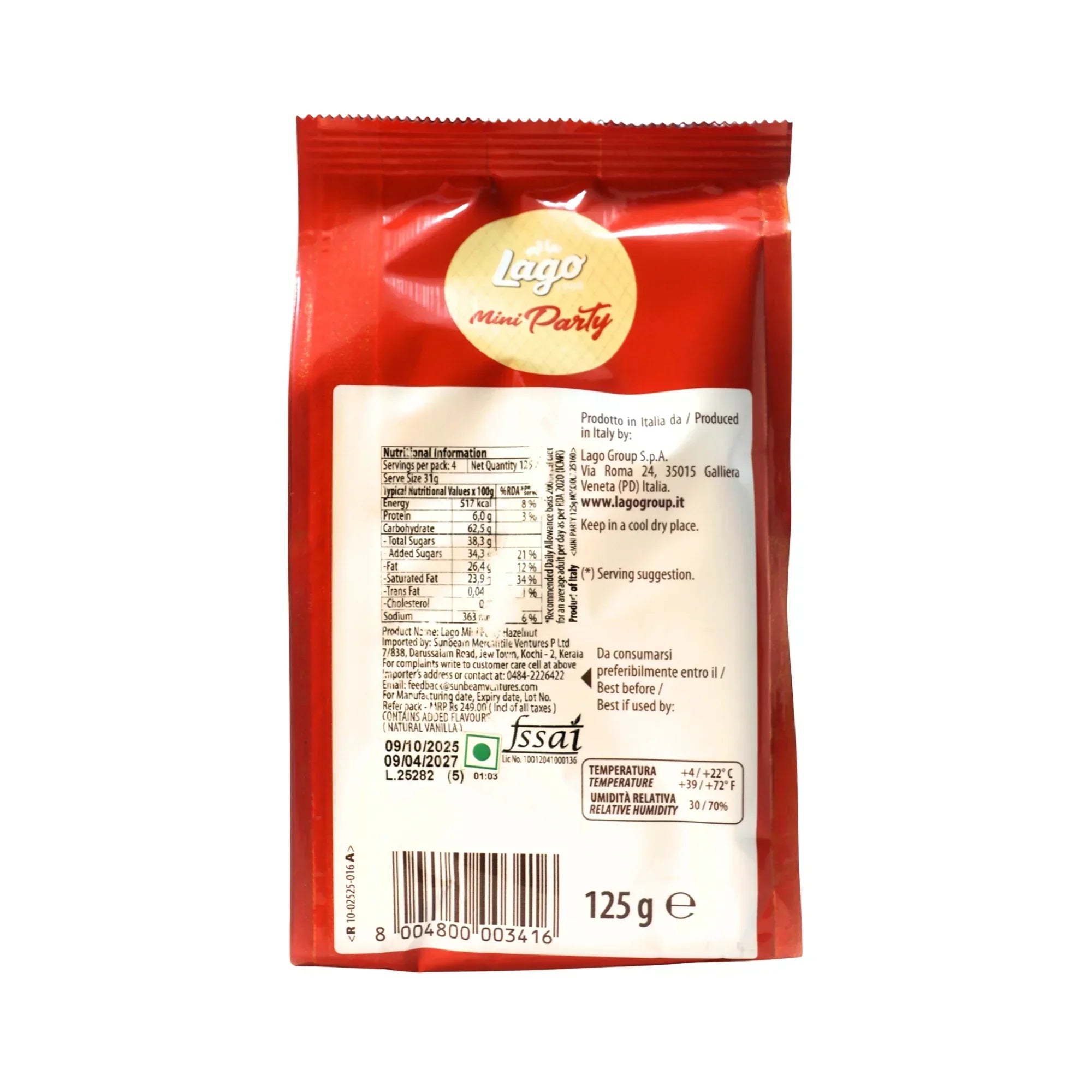 Back of Lago Mini Party Hazelnut Cream Wafers pack showing nutrition facts and barcode