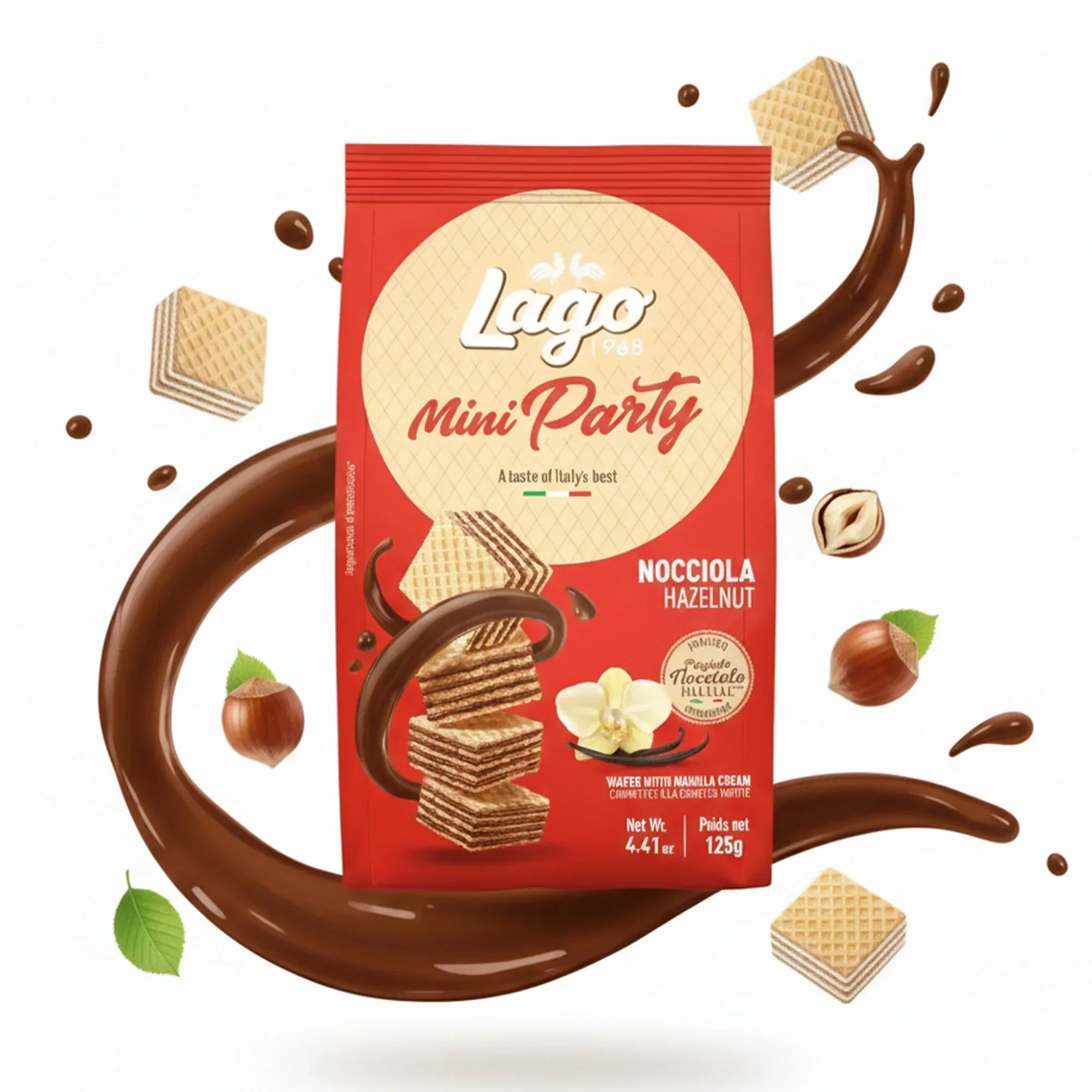 Lago Mini Party wafers hazelnut cream pack with wafers, chocolate, and hazelnuts on white background