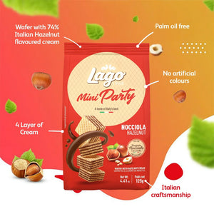 Lago Mini Party Hazelnut Cream wafer snack pack with hazelnuts, cream swirl, and product features