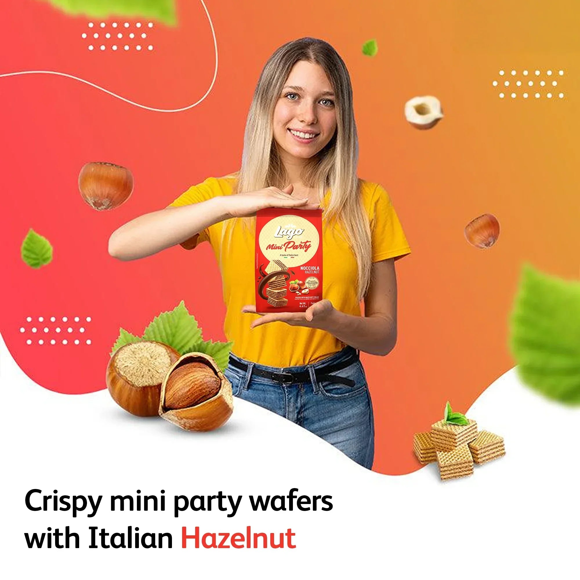 Woman holding Lago Mini Party hazelnut cream wafer box with whole hazelnuts and wafers on vibrant background