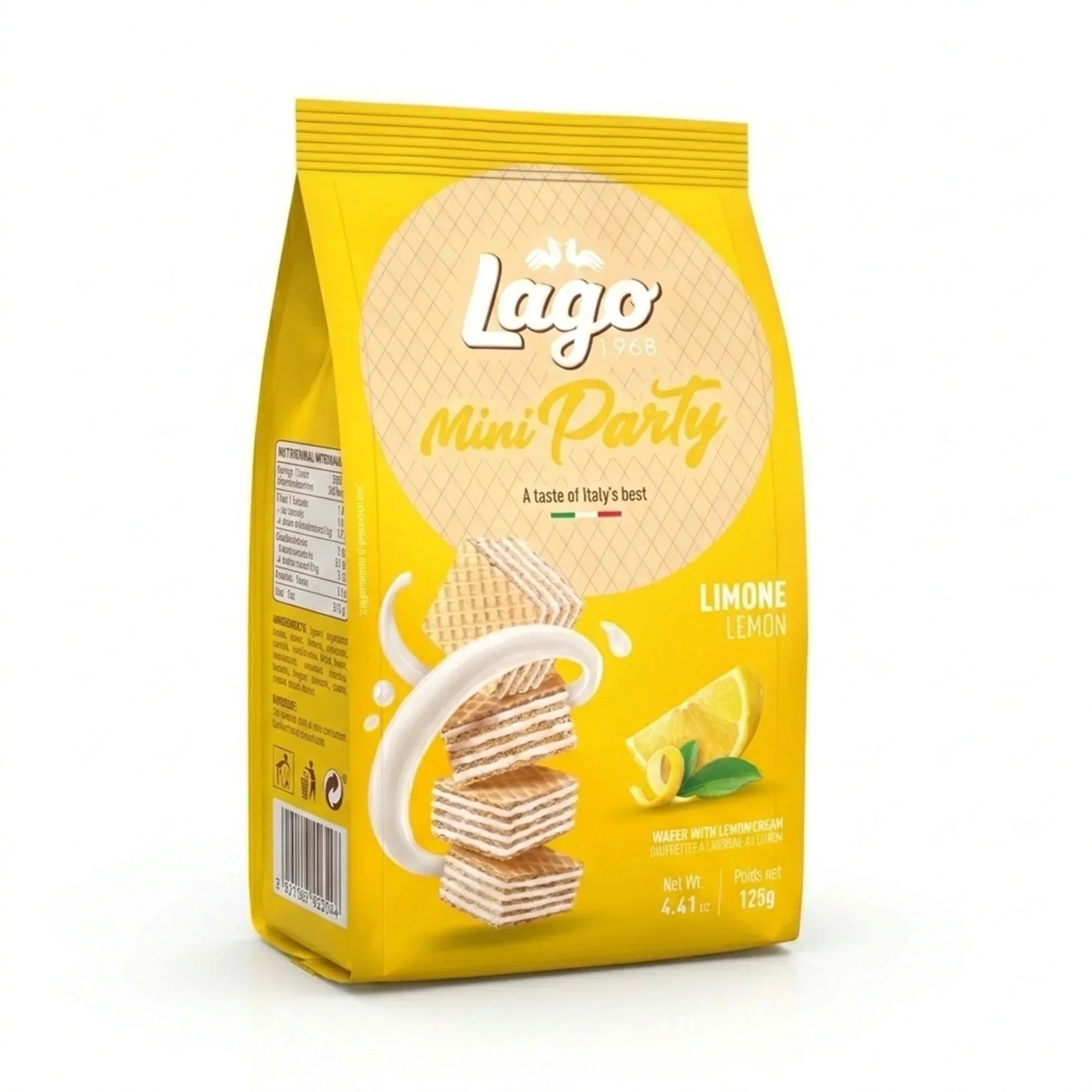 Lemon cream mini wafer biscuits in yellow packaging with lemon slice graphic