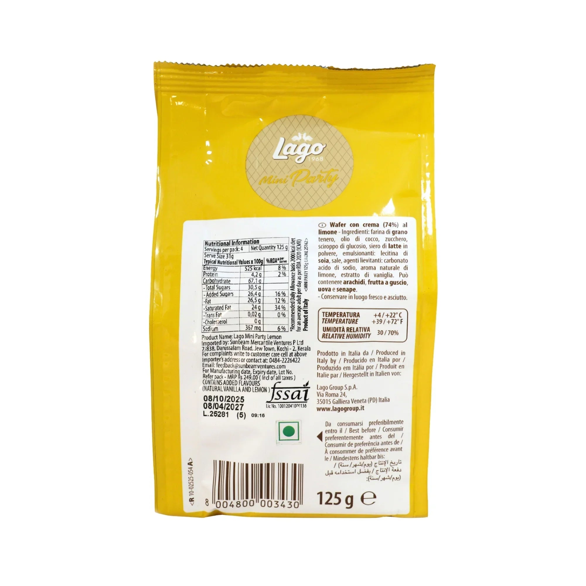 Back of yellow Lago Mini Party Wafers Lemon Cream 125g pack showing nutrition and ingredients info