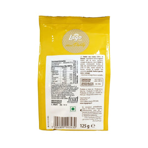 Back of yellow Lago Mini Party Wafers Lemon Cream 125g pack showing nutrition and ingredients info