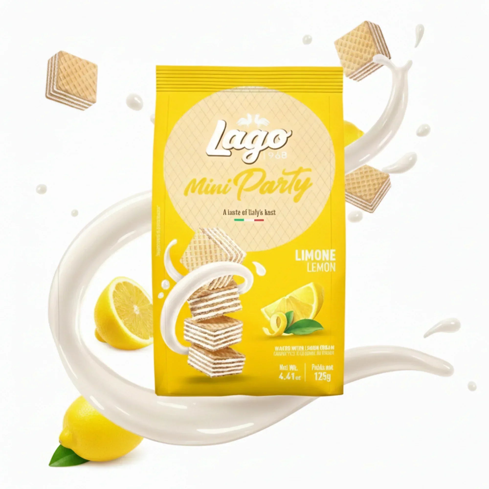 Lemon cream wafer cookies in yellow packaging with lemon slices and milk splash design.