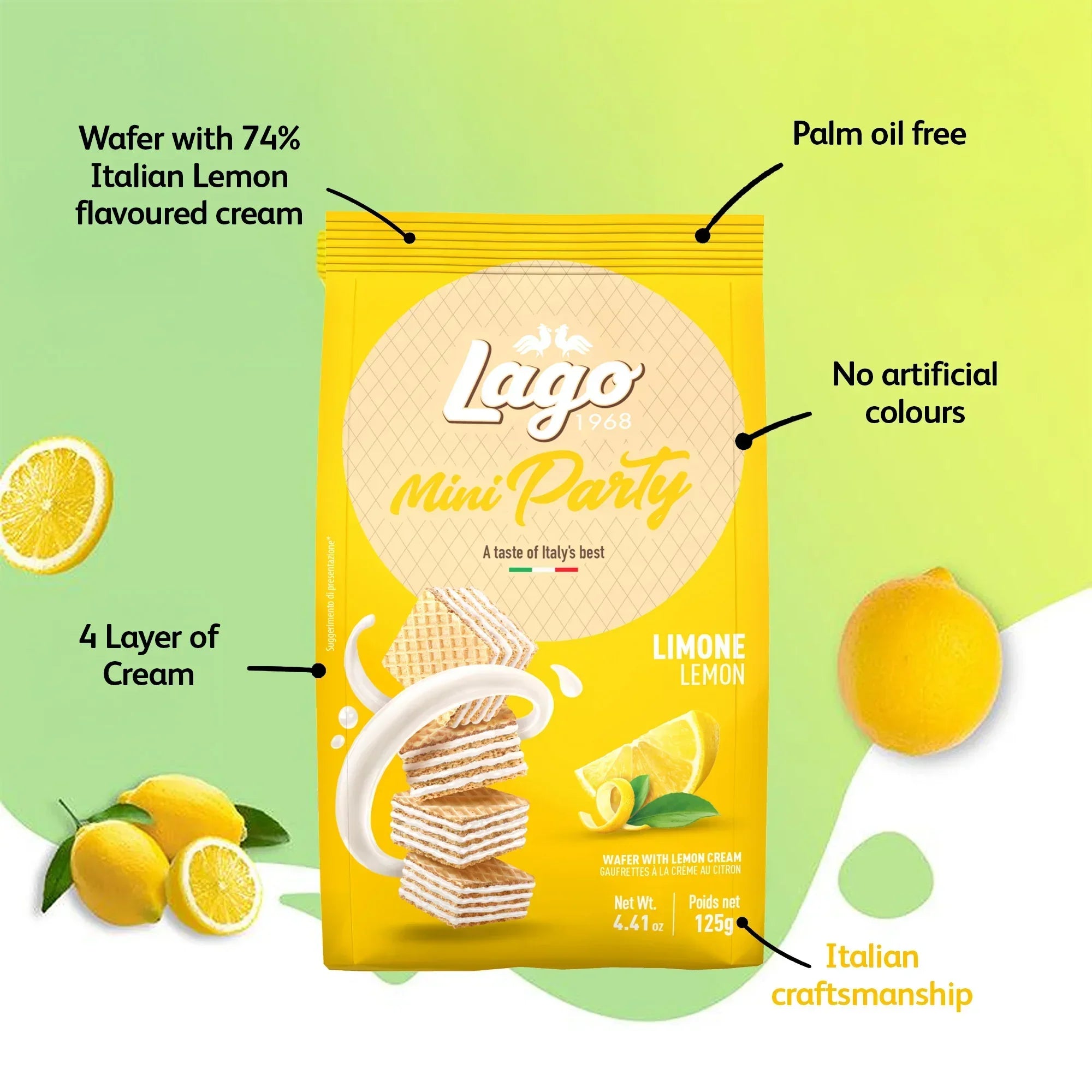 Lemon cream wafer snack pack with lemons, highlighting palm oil free and no artificial colors