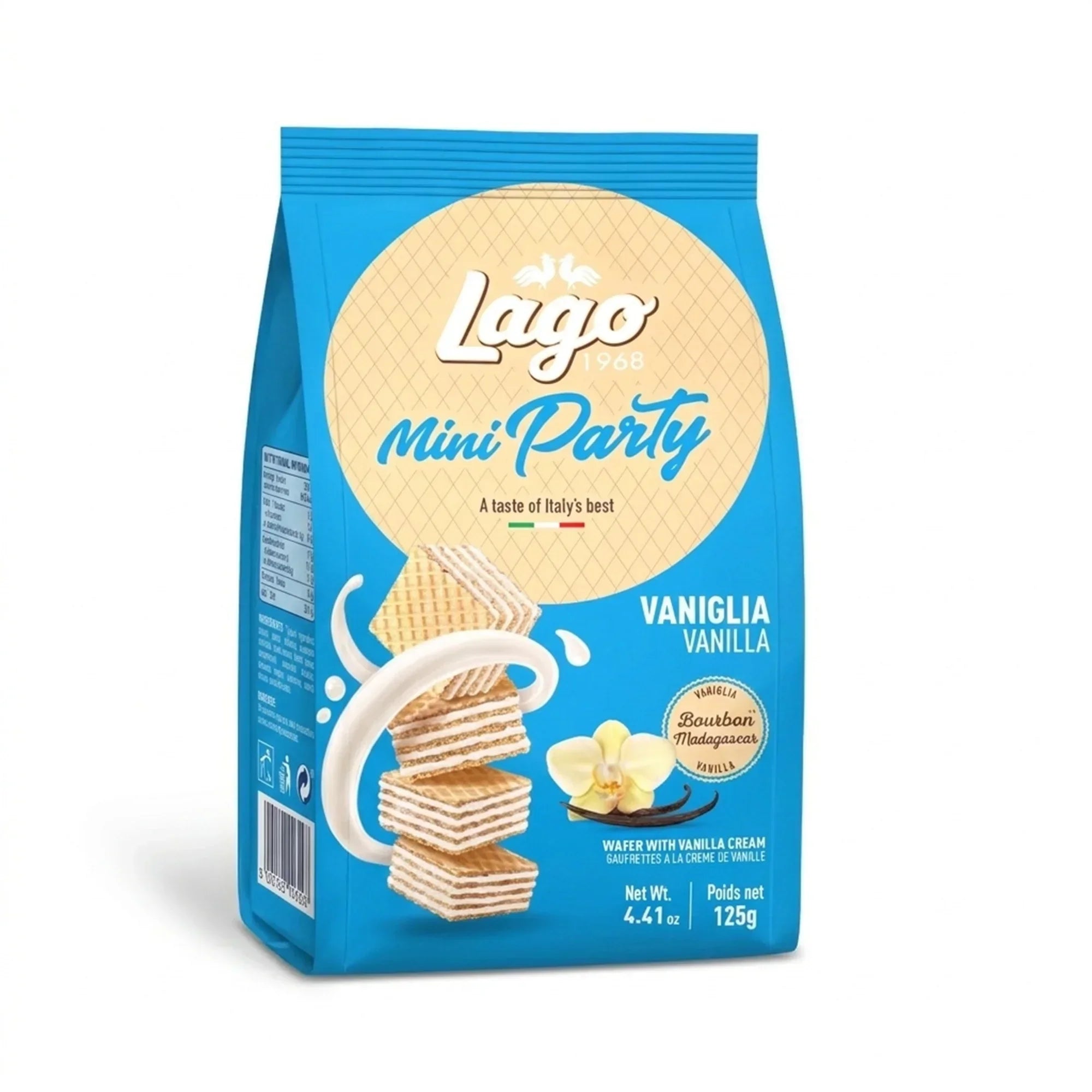 Blue package of Lago Mini Party Vanilla wafers with vanilla flowers and cream swirl design