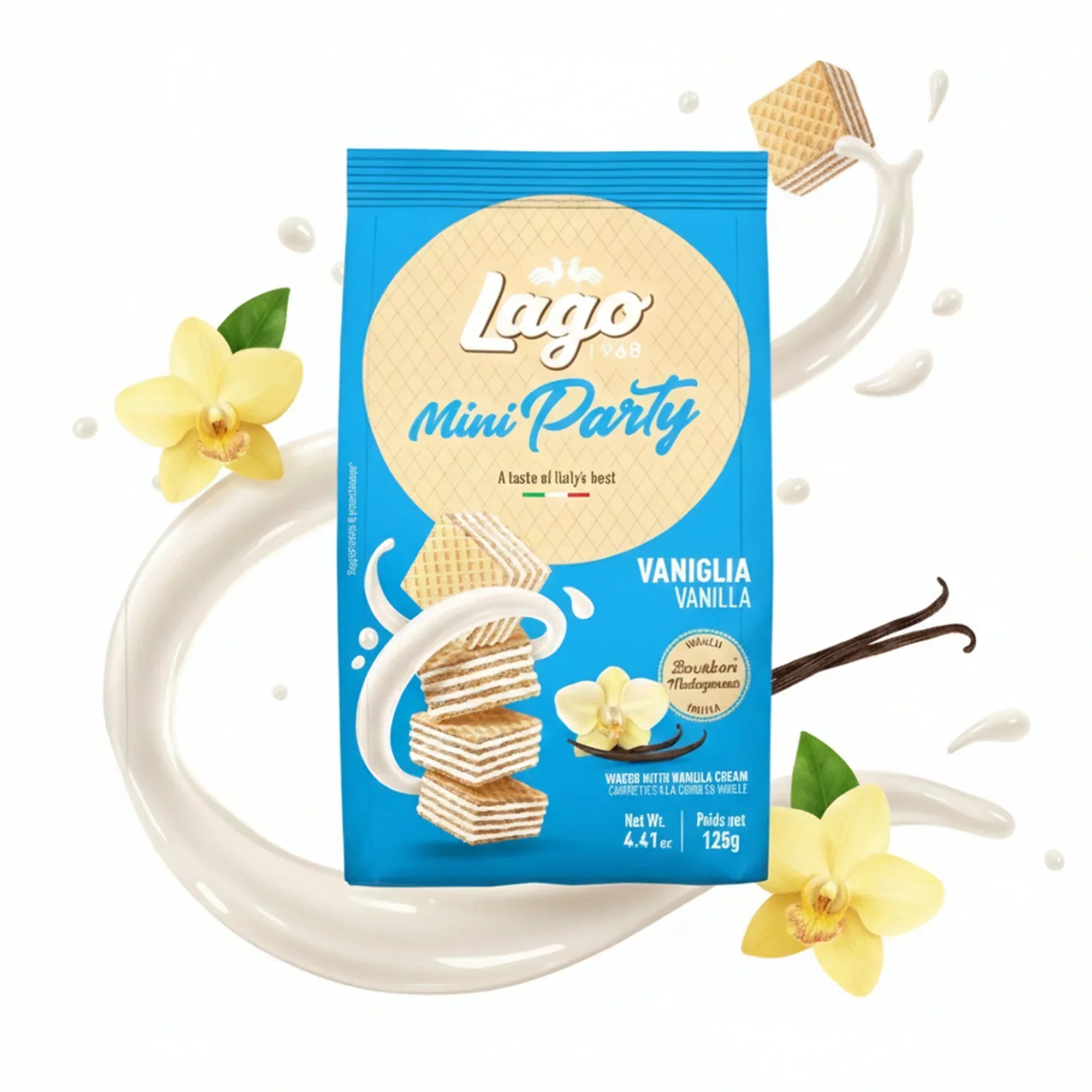 Lago Mini Party Wafers Vanilla Cream pack with wafers, vanilla flowers, and creamy splash