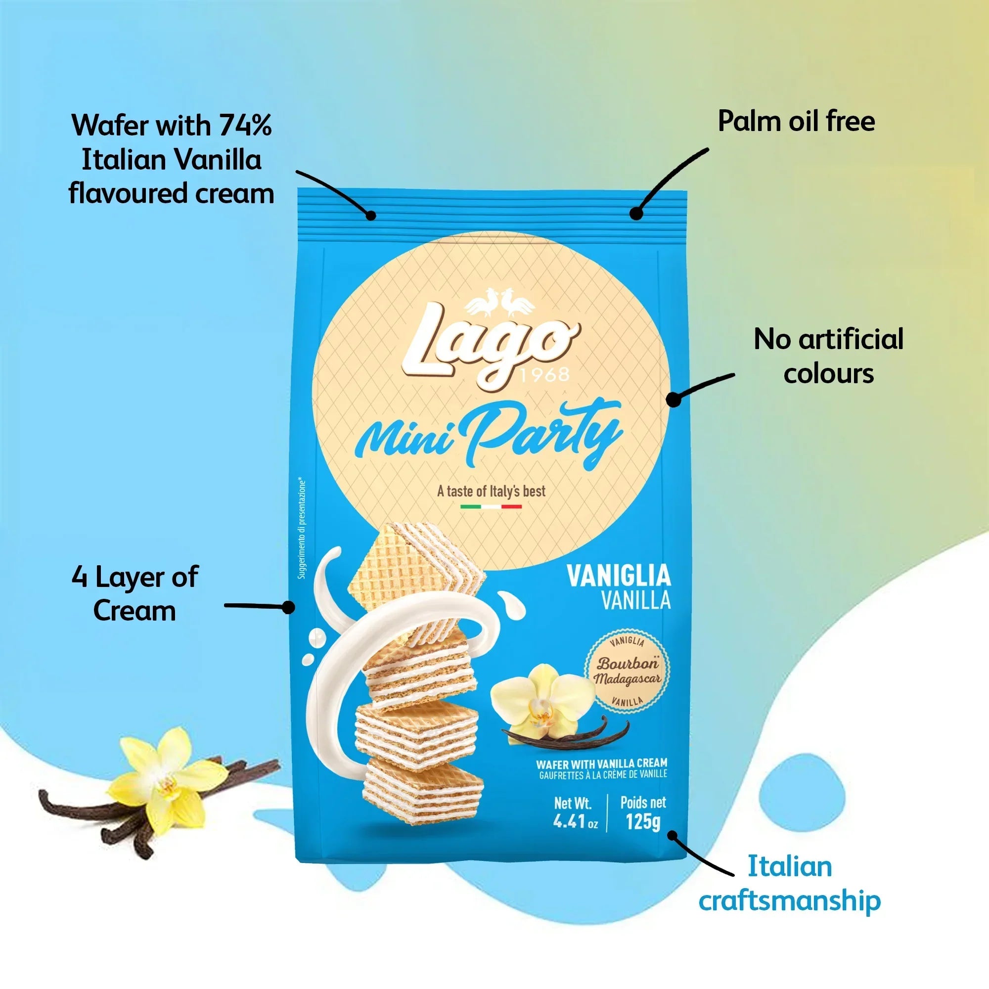 Lago Mini Party vanilla cream wafers pack, highlighting 74% Italian vanilla cream, palm oil free, no artificial colours, 4 cream layers, 125g.