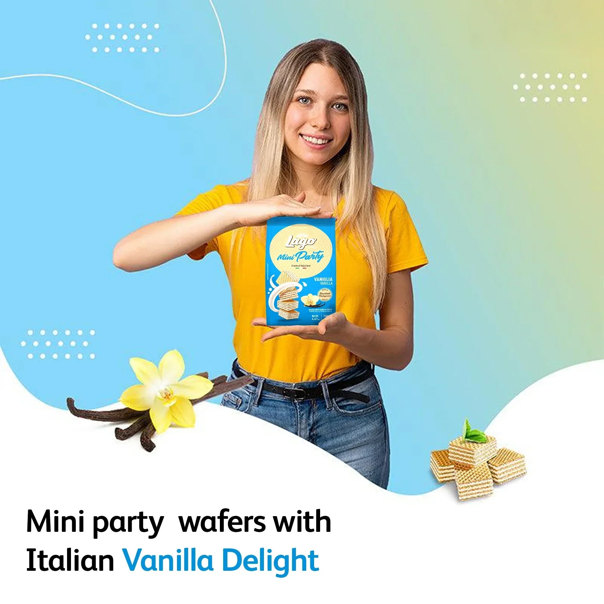 Woman holding Lago Mini Party vanilla cream wafers box, vanilla flower and wafers visible