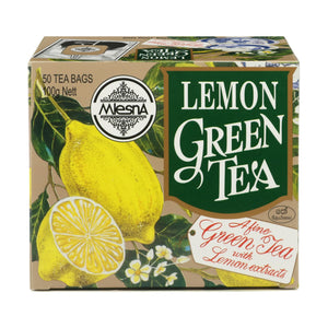 Lemon green tea box with fresh lemon illustrations and bold green tea label