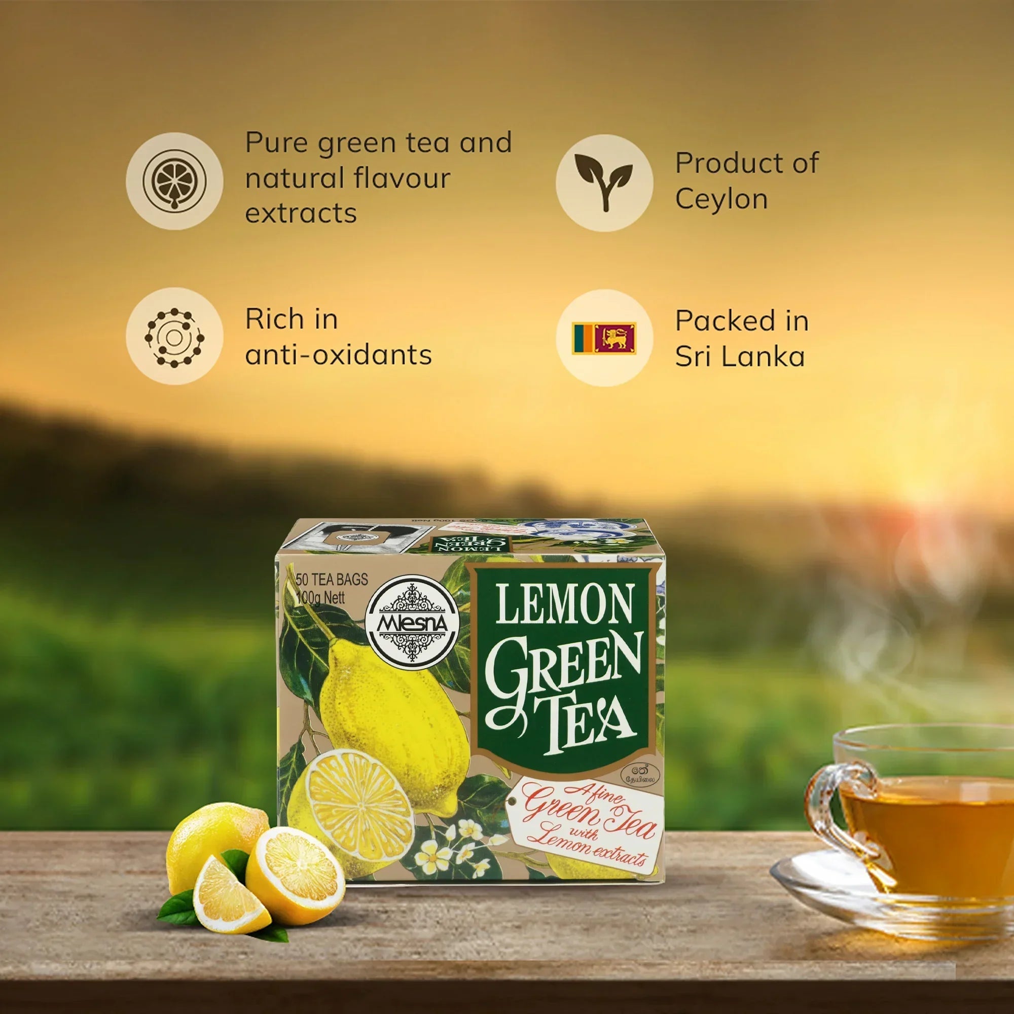 Lemon green tea box with lemons and tea cup on table, health benefits and origin icons