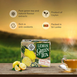 Lemon green tea box with lemons and tea cup on table, health benefits and origin icons
