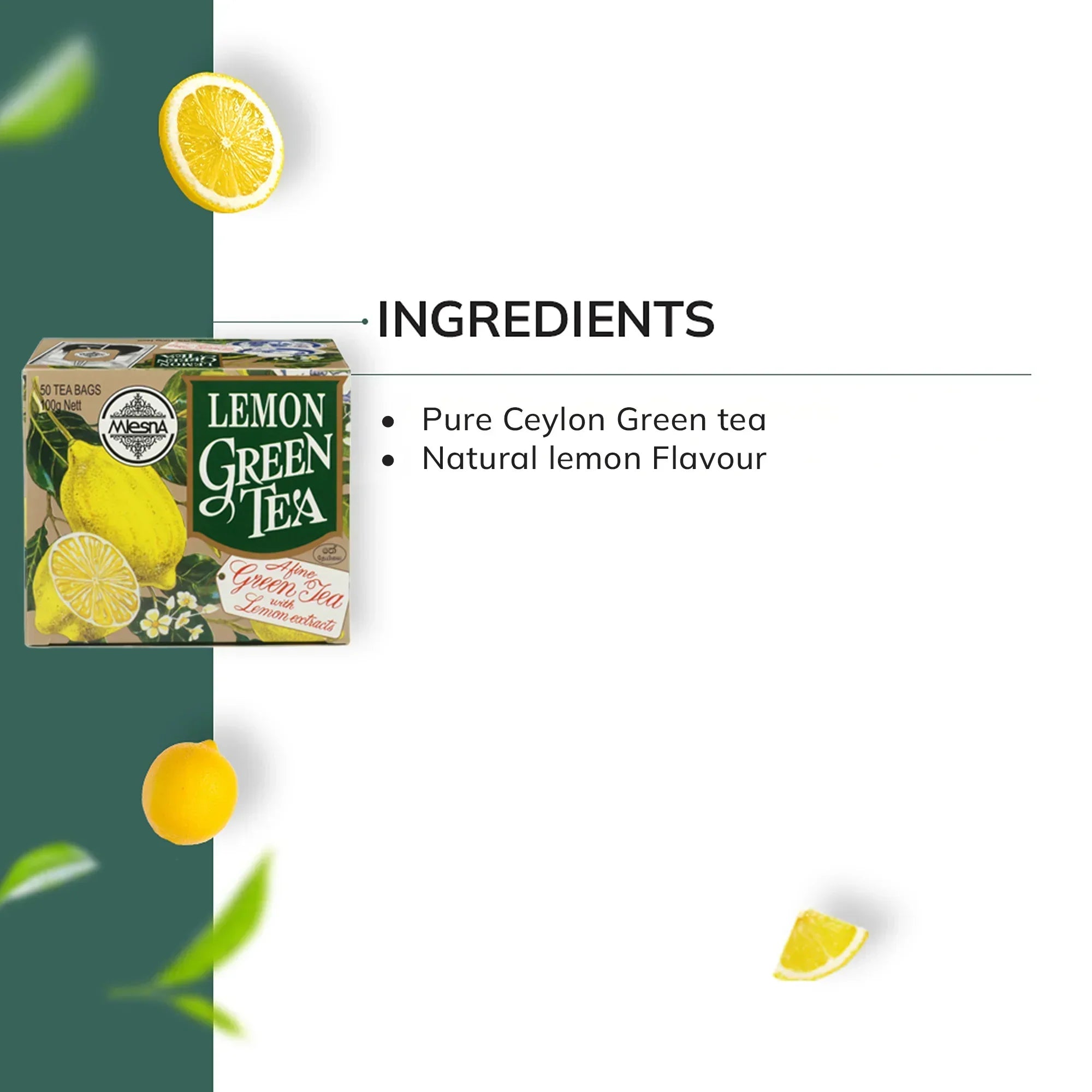 Lemon green tea box with lemon slices, Ceylon green tea and natural lemon flavor ingredients listed.