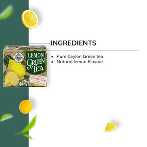 Lemon green tea box with lemon slices, Ceylon green tea and natural lemon flavor ingredients listed.