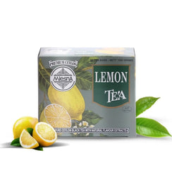 Box of Mlesna Premium Ceylon Lemon Tea with lemon fruit and tea leaves on white background