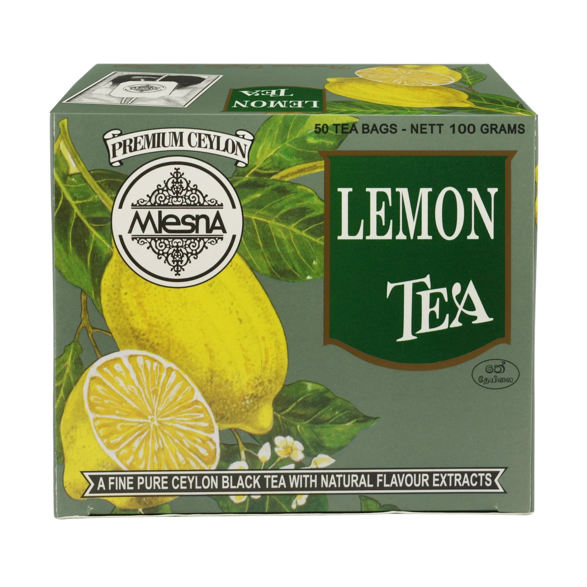 Box of lemon tea with sliced lemons and green leaves, Ceylon black tea, 100 grams, 50 tea bags
