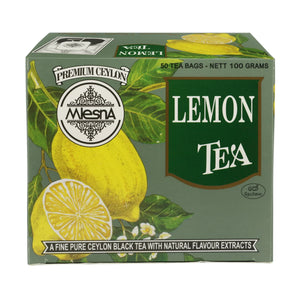 Box of lemon tea with sliced lemons and green leaves, Ceylon black tea, 100 grams, 50 tea bags