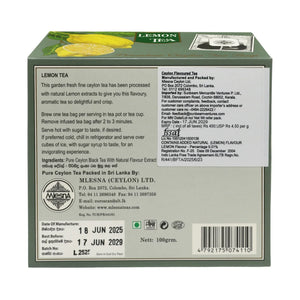 Back of lemon tea box with ingredient list, brewing instructions, and nutritional details.