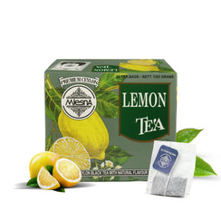 Lemon tea box with fresh lemons, tea bag, and green leaves on a white background
