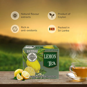 Box of lemon tea with fresh lemons and tea cup on a wooden surface, sunset background, product features highlighted.