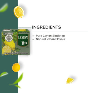 Box of lemon tea with fresh lemons, tea ingredients listed: Ceylon black tea, lemon flavor.