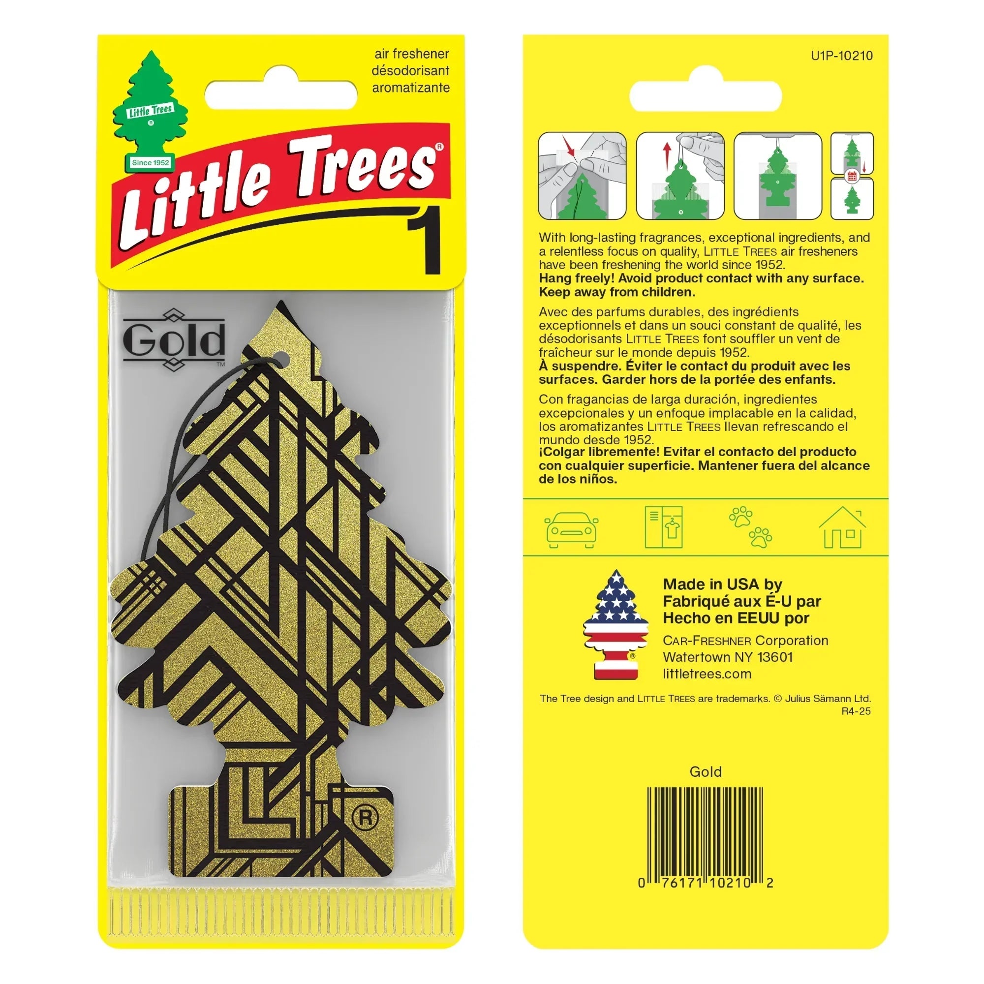 Little Trees Gold air freshener hanging pack, geometric black and gold design, FMCG import India