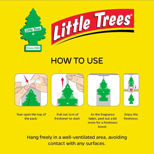 Little Trees car air freshener usage instructions with green tree graphic on yellow background, Sunbeam Merchantile Ventures.