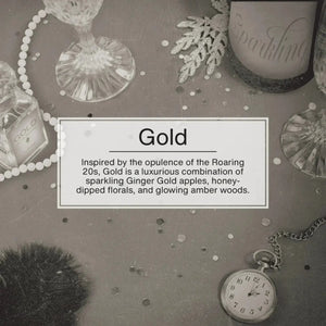 Gold fragrance description card with glassware, vintage watch, and sparkling decor, Sunbeam Merchantile FMCG import.